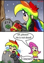 Size: 2133x3025 | Tagged: artist:ryured, crying, derpibooru import, fluttershy, fluttershy is not amused, gravestone, human, humanized, overreaction, rainbow dash, safe, tanks for the memories