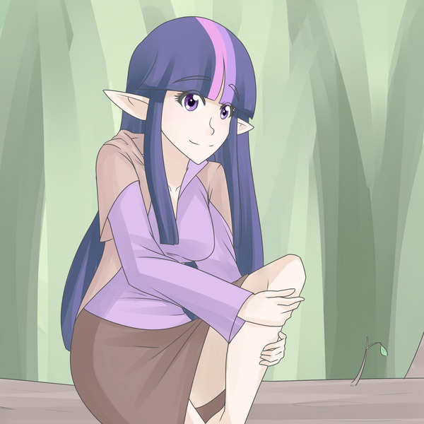 Size: 1280x1280 | Tagged: artist:jonfawkes, cloak, clothes, derpibooru import, elf ears, human, humanized, log, looking at you, safe, skirt, smiling, twilight sparkle