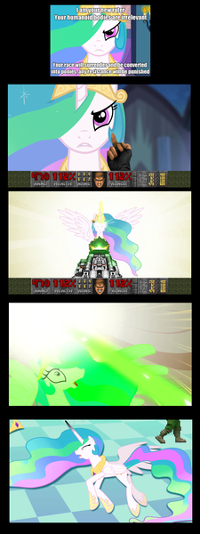 Size: 1400x3730 | Tagged: bfg9000, brutal doom, defeat, derpibooru import, doom, doomguy, grimdark, middle finger, princess celestia, xenolestia