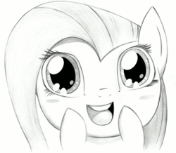 Size: 300x261 | Tagged: amazed, animated, artist:flutterstormreturns, blushing, blush sticker, bust, cute, derpibooru import, eye shimmer, fluttershy, gif, gravity falls, looking at you, monochrome, reaction image, safe, shyabetes, smiling, solo, soos and the real girl, sparkles