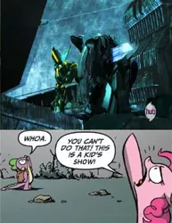 Size: 500x647 | Tagged: beast hunters, bumblebee, comic, death, derpibooru import, exploitable meme, idw, impalement, megatron, meme, pinkie pie, semi-grimdark, spike, star saber, this is a kid's comic, transformers, transformers prime