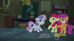 Size: 500x281 | Tagged: safe, derpibooru import, screencap, apple bloom, scootaloo, sweetie belle, trouble shoes, earth pony, pegasus, pony, unicorn, appleoosa's most wanted, anal insertion, animated, cactus, crash, cutie mark crusaders, discovery family, discovery family logo, falling, female, filly, frown, insertion, literal butthurt, male, open mouth, pain, rain, running, scared, sitting, stallion, wide eyes