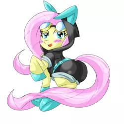 Size: 2000x2000 | Tagged: safe, artist:fourze-pony, derpibooru import, fluttershy, pegasus, pony, blushing, bunny ears, clothes, costume, cute, dangerous mission outfit, female, flutterspy, goggles, hoodie, lidded eyes, looking at you, mare, shyabetes, simple background, smiling, solo, white background