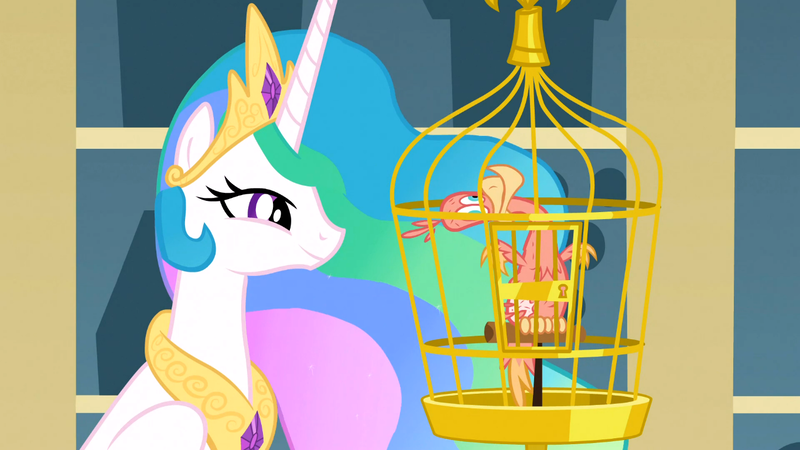 Size: 1366x768 | Tagged: safe, derpibooru import, screencap, philomena, princess celestia, alicorn, bird, phoenix, pony, a bird in the hoof, birdcage, cage, duo, ethereal mane, female, mare