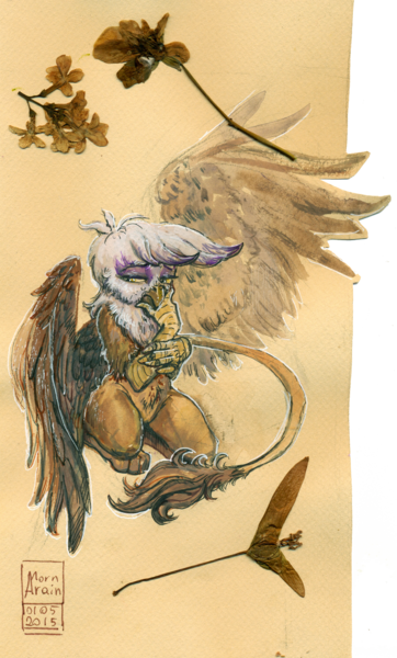 Size: 1802x2990 | Tagged: safe, artist:arainmorn, derpibooru import, gilda, gryphon, bipedal, crouching, female, gel pen, gouache, image, leaf, png, solo, tail curled, thinking, traditional art, watercolor painting