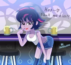 Size: 1692x1541 | Tagged: suggestive, artist:sumin6301, derpibooru import, twilight sparkle, equestria girls, alcohol, alternate hairstyle, bar, bedroom eyes, beer, bend over, breasts, busty twilight sparkle, cleavage, clothes, confident, denim shorts, female, flirt, flirting, hand on knee, lipstick, looking at you, makeup, midriff, pointing, pointing at lips, punklight sparkle, purple eyes, purple skin, rearing, seductive, seductive pose, sexy, shorts, show accurate, solo, stool, sultry pose, tanktop