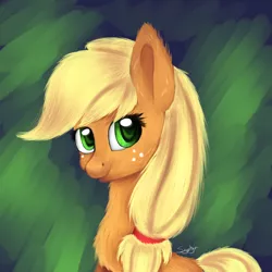 Size: 1600x1600 | Tagged: safe, artist:syphyruskuy, derpibooru import, applejack, chest fluff, ear fluff, fluffy, hatless, missing accessory, smiling, solo