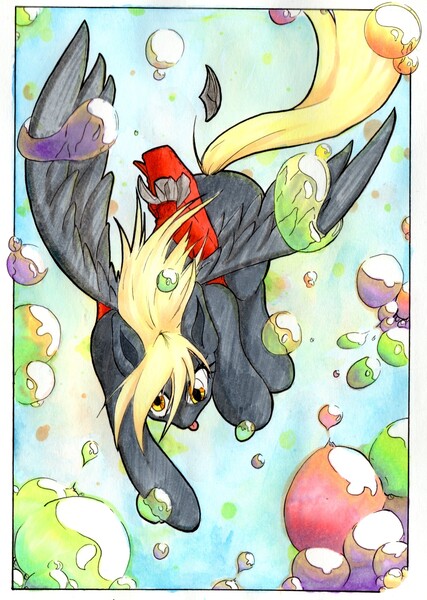 Size: 1974x2772 | Tagged: safe, artist:aerostoner, derpibooru import, derpy hooves, pegasus, pony, female, flying, mare, solo, tongue out, traditional art