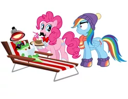 Size: 1099x849 | Tagged: artist:mystic-forces, backwards cutie mark, derpibooru import, do i look angry, drink, gummy, heat lamp, moustache, pinkie pie, rainbow dash, safe, sunglasses, tanks for the memories, tanning mirror, unamused, waiter, winter outfit