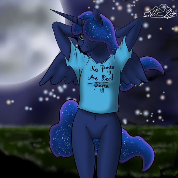 Size: 4200x4200 | Tagged: explicit, artist:14silverlining, derpibooru import, princess luna, anthro, absurd resolution, arm behind head, belly fluff, bottomless, casual nudity, clitoral hood, clothes, ethereal mane, ethereal tail, female, hair covering face, horn, horned anthro, image, long horn, magic shirt, mane covering eye, moon, night, nudity, png, pubis, signature, smiling, solo, solo female, spread wings, stars, t-shirt, text, vulva, wings