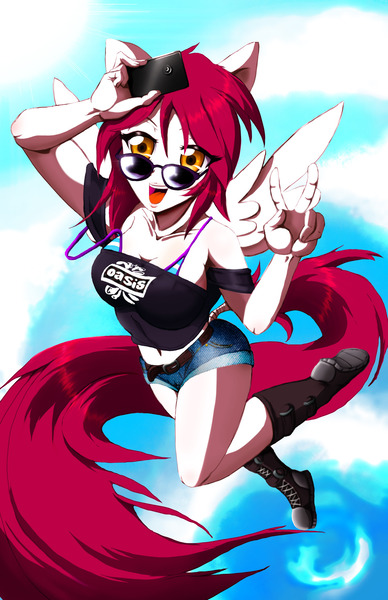 Size: 1242x1920 | Tagged: safe, artist:animeclaro, derpibooru import, oc, unofficial characters only, human, pegasus, pony, clothes, converse, eared humanization, glasses, humanized, humanized oc, sky, solo, tailed humanization, winged humanization