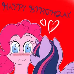 Size: 800x800 | Tagged: safe, artist:fortimpression, derpibooru import, pinkie pie, twilight sparkle, twilight sparkle (alicorn), alicorn, pony, birthday, blushing, female, heart, kissing, lesbian, mare, shipping, simple background, twinkie, white background