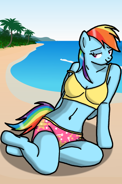 Size: 1000x1500 | Tagged: anthro, arm hooves, artist:flyingbrickanimation, beach, bedroom eyes, belly button, bikini, breasts, busty rainbow dash, clothes, derpibooru import, female, midriff, off shoulder, pegasus, rainbow dash, smiling, solo, solo female, suggestive, swimsuit, swim trunks, tanks for the memories, tanktop, unguligrade anthro, winter swimsuit