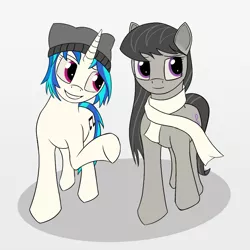 Size: 800x800 | Tagged: safe, artist:masfekto, derpibooru import, octavia melody, vinyl scratch, backwards cutie mark, beanie, clothes, hat, scarf, smiling, walking