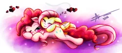 Size: 2000x880 | Tagged: artist:shikimaakemi, cuddling, derpibooru import, female, flutterpie, fluttershy, lesbian, pinkie pie, pixiv, safe, shipping, sleeping, snuggling, zzz