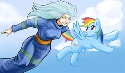 Size: 900x525 | Tagged: artist:zippedbinders, crossover, derpibooru import, flying, rainbow dash, ryoko, safe, tenchi muyo