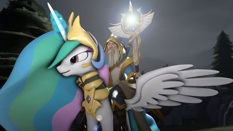 Size: 2560x1440 | Tagged: safe, artist:theinvertedshadow, derpibooru import, princess celestia, alicorn, human, pony, 3d, crossover, dota 2, keeper of the light, riding, source filmmaker