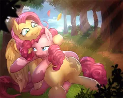 Size: 1100x880 | Tagged: safe, artist:mrscurlystyles, artist:vest, derpibooru import, fluttershy, pinkie pie, earth pony, pegasus, pony, collaboration, cuddling, female, flutterpie, lesbian, mare, shipping, smiling, snuggling