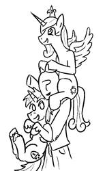 Size: 522x845 | Tagged: safe, artist:jargon scott, derpibooru import, princess cadance, shining armor, oc, oc:anon, pony, carrying, crown, cute, happy, holding a pony, monochrome, open mouth, ponies riding humans, pony hat, shoulder ride, sitting, smiling, spread wings