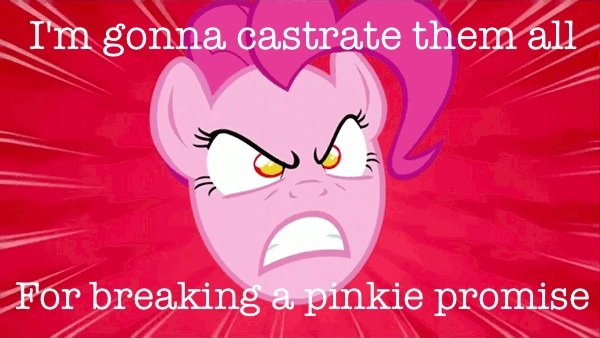 Size: 600x338 | Tagged: semi-grimdark, derpibooru import, edit, edited screencap, screencap, pinkie pie, pony, angry, caption, castration, female, floating head, mare, solo, text, this will end in pain, this will end in tears