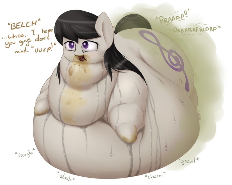 Size: 1280x1024 | Tagged: artist:php33, backwards cutie mark, burp, derpibooru import, dialogue, fart, fart fetish, fart noise, fat, fatavia, female, hungry, immobile, morbidly obese, obese, octavia melody, questionable, slob, slobtavia, solo, solo female, stomach noise, sweat