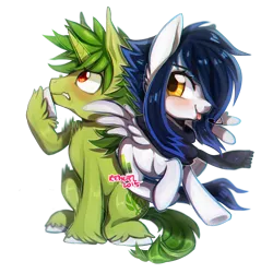 Size: 800x800 | Tagged: safe, artist:renciel, derpibooru import, oc, oc:sky digit, oc:spring leaf, unofficial characters only, pegasus, pony, unicorn, clothes, oc x oc, scarf