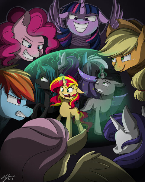 Size: 800x1000 | Tagged: safe, artist:eljonek, derpibooru import, applejack, fluttershy, king sombra, pinkie pie, queen chrysalis, rainbow dash, rarity, starlight glimmer, sunset shimmer, trixie, twilight sparkle, twilight sparkle (alicorn), alicorn, pony, alternate universe, evil, evil grin, evil mane six, female, grin, mane six, mare, reversed, role reversal