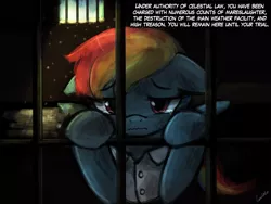 Size: 960x720 | Tagged: safe, artist:lumineko, derpibooru import, rainbow dash, pony, tanks for the memories, bad end, clothes, crepuscular rays, crying, dirty, female, floppy ears, implied death, jail, mare, prison, prison outfit, prison stripes, prisoner rd, reality ensues, sad, solo, wavy mouth, weather factory uniform