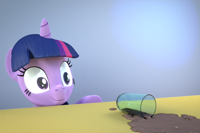 Size: 1080x720 | Tagged: safe, artist:3d thread, artist:creatorofpony, derpibooru import, twilight sparkle, pony, /mlp/, 3d, 3d model, blender, chocolate milk, cup, everything is ruined, eyes on the prize, female, mare, meme, pure unfiltered evil, smiling, spill, spilled milk, wide eyes