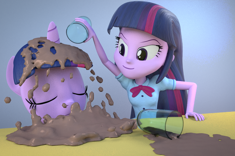 Size: 1080x720 | Tagged: safe, artist:3d thread, artist:creatorofpony, derpibooru import, twilight sparkle, twilight sparkle (alicorn), equestria girls, /mlp/, 3d, 3d model, blender, chocolate milk, cup, cute, everything is fixed, everything is ruined, eyes closed, human ponidox, justice, meme, pure unfiltered evil, pure unfiltered good, revenge, self ponidox, smirk, spill, spilled milk