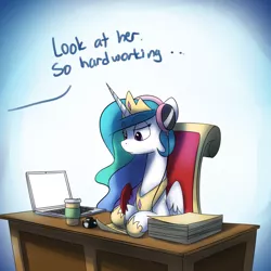 Size: 1200x1200 | Tagged: safe, artist:anticular, derpibooru import, princess celestia, alicorn, pony, ask sunshine and moonbeams, computer, desk, female, frown, headphones, hoof hold, inkwell, laptop computer, mare, paper, quill, solo, writing