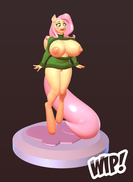 Size: 1280x1750 | Tagged: questionable, alternate version, artist:hallogreen, artist:kevinsano, derpibooru import, fluttershy, anthro, unguligrade anthro, 3d, 3d model, areola, big areola, big breasts, big nipples, breasts, busty fluttershy, clothes, female, keyhole turtleneck, nipples, nudity, open mouth, open-chest sweater, solo, solo female, sweater, sweatershy, turtleneck