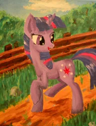 Size: 2872x3752 | Tagged: cute, derpibooru import, fence, happy, oil painting, picture, road, russian, safe, traditional art, trotting, twilight sparkle, twily