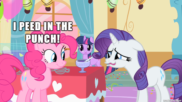 Size: 610x343 | Tagged: caption, derpibooru import, edit, edited screencap, fetish, image macro, implied piss drinking, implied watersports, meme, pinkie pie, rarity, safe, screencap