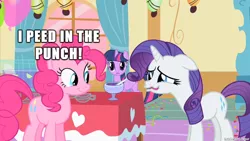 Size: 610x343 | Tagged: caption, derpibooru import, edit, edited screencap, fetish, image macro, implied piss drinking, implied watersports, meme, pinkie pie, rarity, safe, screencap