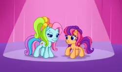 Size: 740x435 | Tagged: safe, derpibooru import, screencap, rainbow dash, rainbow dash (g3), scootaloo, scootaloo (g3), g3.5, i need an adult, lidded eyes, spotlight, waiting for the winter wishes festival