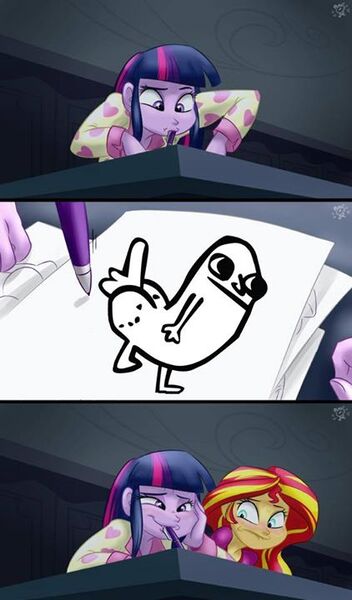 Size: 422x720 | Tagged: questionable, artist:ponut_joe edit, derpibooru import, edit, pinkie pie, sunset shimmer, twilight sparkle, twilight sparkle (alicorn), equestria girls, rainbow rocks, comic, dickbutt, exploitable meme, meme, mouth drawing, mouth hold, paper, pen, twilight's mouth art, wat