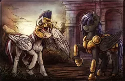 Size: 1600x1045 | Tagged: safe, artist:bantha, derpibooru import, oc, oc:rome silvanus, oc:toko yakkai, unofficial characters only, pegasus, pony, armor, helmet, multicolored hair, royal guard, tongue out