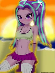 Size: 1536x2048 | Tagged: suggestive, artist:zachthehedgehog97-2, derpibooru import, aria blaze, equestria girls, beach, belly button, blue underwear, blushing, breasts, busty aria blaze, cleavage, clothes, cute, eyeshadow, female, fishnets, kneeling, midriff, miniskirt, panties, skirt, solo, solo female, stockings, sunset, tanktop, underwear, upskirt, zettai ryouiki