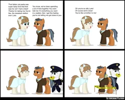 Size: 1692x1358 | Tagged: safe, artist:ethanchang, derpibooru import, oc, oc:luke, oc:molly, oc:officer eggplant, unofficial characters only, earth pony, pony, 1st awesome platoon, comic, dialogue, eyes closed, feels bad man, female, friendzone, male, mare, mouth hold, stallion