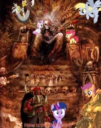 Size: 1115x1416 | Tagged: grimdark, derpibooru import, apple bloom, derpy hooves, discord, scootaloo, sweetie belle, twilight sparkle, pegasus, pony, adeptus custodes, crossover, cutie mark crusaders, female, god-emperor of mankind, if the emperor had a text-to-speech device, kitten, magnus the red, mare, photoshop, this will end in tears and/or death, this will end in warp storms, warhammer (game), warhammer 40k