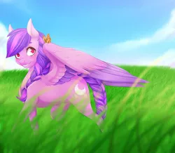 Size: 958x834 | Tagged: safe, artist:samandriilrf, derpibooru import, oc, oc:moonlight blossom, unofficial characters only, butterfly, pegasus, pony, braid, braided tail, female, grass, outdoors, smiling, solo