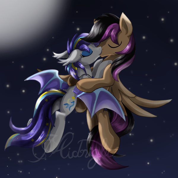 Size: 1600x1600 | Tagged: safe, artist:midnightsketches, derpibooru import, stellar eclipse, oc, oc:night lark, bat pony, pony, cute, flying, kissing, night, shipping, stellarnight