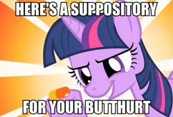 Size: 741x500 | Tagged: safe, derpibooru import, edit, edited screencap, screencap, twilight sparkle, pony, unicorn, a bird in the hoof, butthurt, caption, female, image macro, implied anal insertion, implied insertion, mare, meme, pill, reaction image, suppository