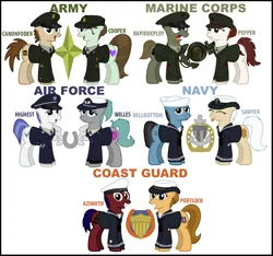 Size: 960x900 | Tagged: 1st awesome platoon, air force, army, artist:ethanchang, coast guard, derpibooru import, marines, military, military uniform, navy, oc, oc:azimuth, oc:bellbottom, oc:cannonfodder, oc:cooper, oc:highest, oc:pepper (marine corps), oc:portlock, oc:rapiddeploy, oc:seaman sawyer, oc:willes, safe, unofficial characters only, us airforce, us army, us marines, us navy