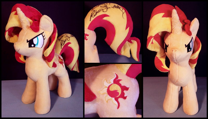 Size: 1600x914 | Tagged: safe, artist:equestriaplush, derpibooru import, sunset shimmer, pony, unicorn, irl, photo, plushie, rebecca shoichet, signature, solo