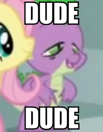 Size: 350x450 | Tagged: safe, derpibooru import, edit, edited screencap, screencap, fluttershy, spike, friendship is magic, dude, image macro, meme, stoner spike