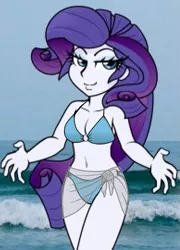 Size: 389x540 | Tagged: suggestive, artist:deadsmutanon, artist:livesmutanon, derpibooru import, rarity, equestria girls, /mlp/vn, beach, belly button, bikini, breasts, clothes, sarong, sexy, skirt, swimsuit, wip