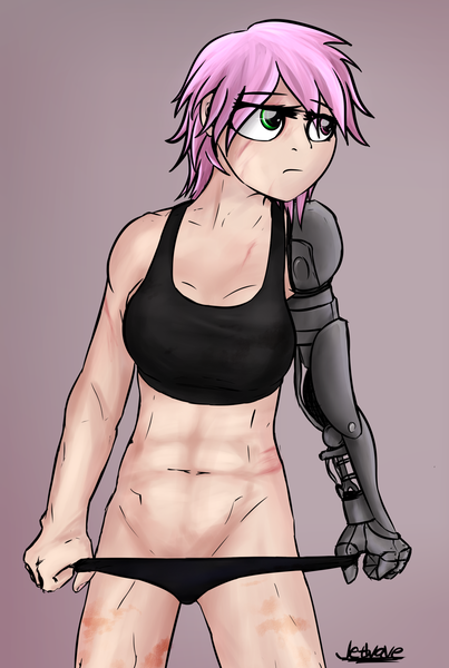 Size: 1280x1906 | Tagged: amputee, artist:jetwave, black underwear, blood, bra, breasts, clothes, crop top bra, derpibooru import, fallout equestria, fallout equestria: heroes, female, human, humanized, humanized oc, oc, oc:hired gun, panties, panty pull, prosthetic arm, prosthetic limb, prosthetics, scar, solo, solo female, suggestive, underwear, unofficial characters only