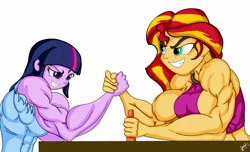 Size: 1147x697 | Tagged: safe, artist:pandatarius, derpibooru import, sunset shimmer, twilight sparkle, equestria girls, arm wrestling, biceps, muscles, sunset lifter, twilight muscle, wardrobe malfunction